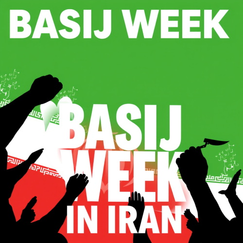 Celebrating Basij Week in Iran with colorful poster.