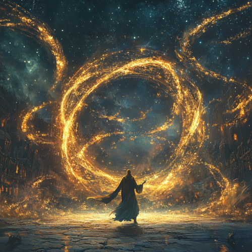 Celestial scene with powerful immortality spell and sorcerer. Celestial scene with powerful immortality spell and sorcerer.