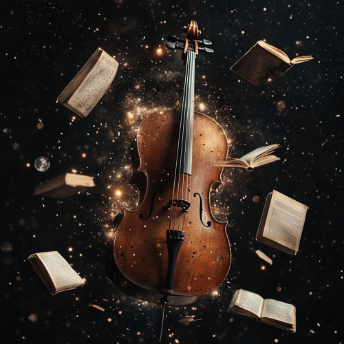 Cello and books floating in outer space with light. Cello and books floating in outer space with light.