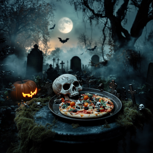 Cemetery Pizza Party: Spooky Skull and Festive Fun