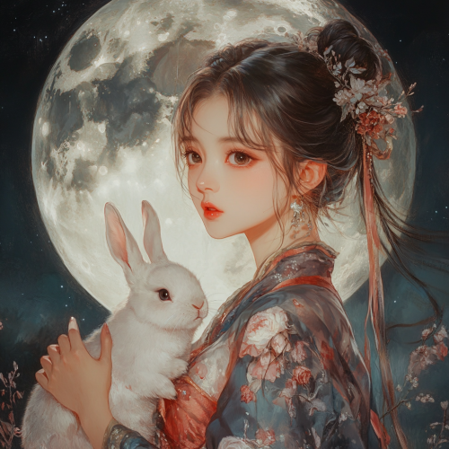 Chang e holds a rabbit by a big moon