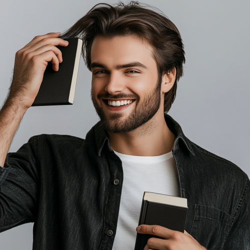 Charismatic male with thick hair, holding book mockup proudly.