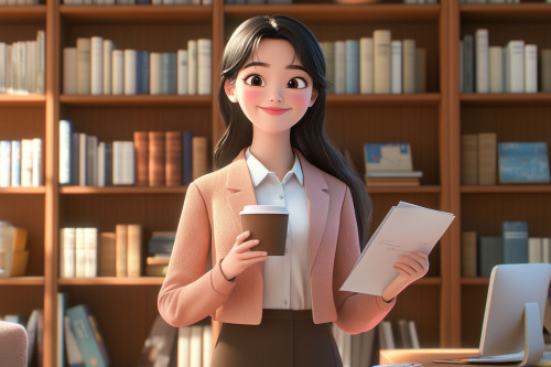 Cheerful Korean office worker in cozy library setting