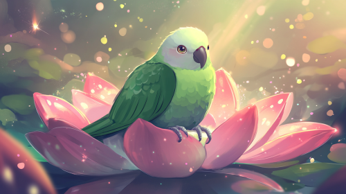 Cheerful Quaker Parrot as Bodhisattva on lotus flower.