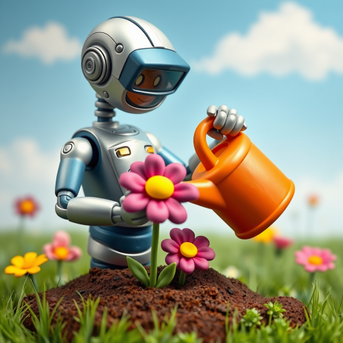 Cheerful Robot Tenderly Watering Vibrant Clay Flower