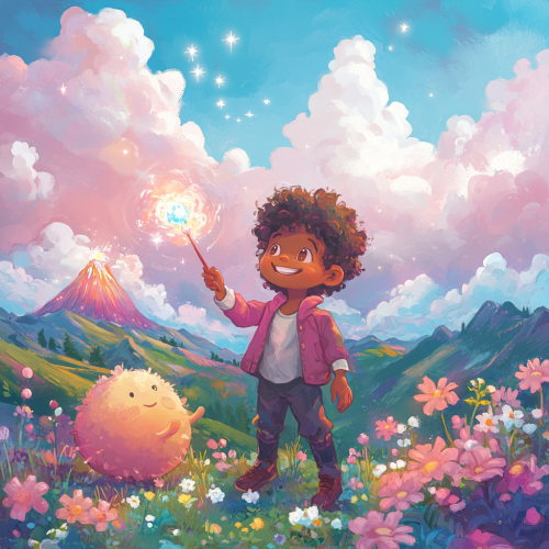 Cheerful boy Shmarlow with magic wand and glowing crystals.