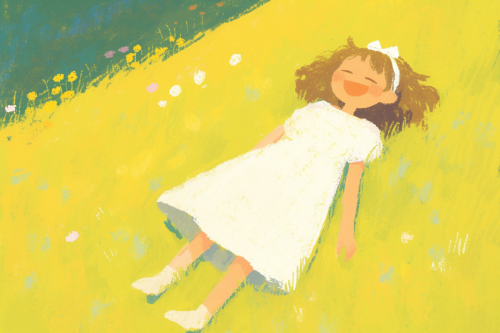 Cheerful girl in white dress on green grass