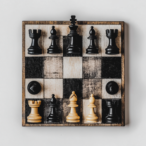 Chess pieces on a board with white backdrop.