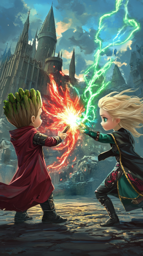 Chibi Groot and Elsa duel in front of Hogwarts.