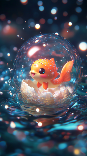 Chibi Magikarp hatching from egg in mystical aura.