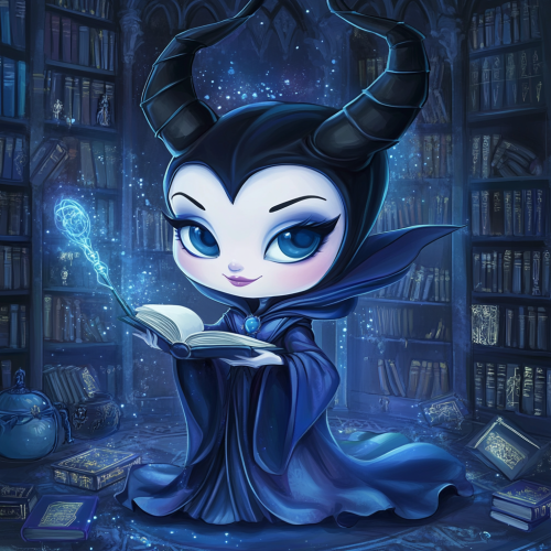 Chibi Maleficent in Ravenclaw robes, studying magical texts. Chibi Maleficent in Ravenclaw robes, studying magical texts.