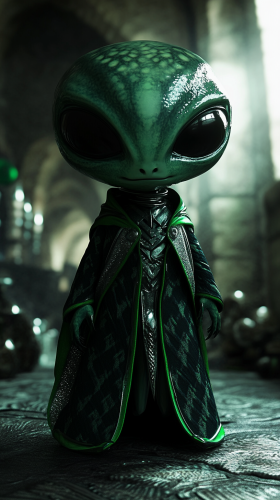 Chibi alien in Slytherin robes looks menacing. Chibi alien in Slytherin robes looks menacing.