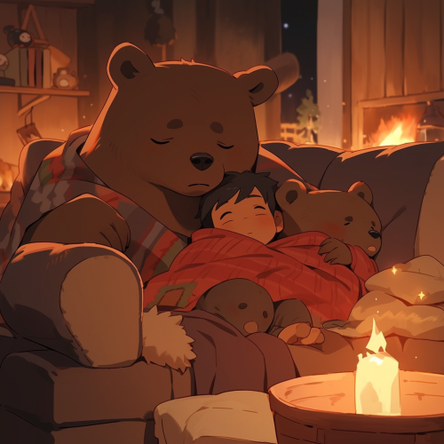 Chibi bear and cub watching movie in cozy cabin. Chibi bear and cub watching movie in cozy cabin.