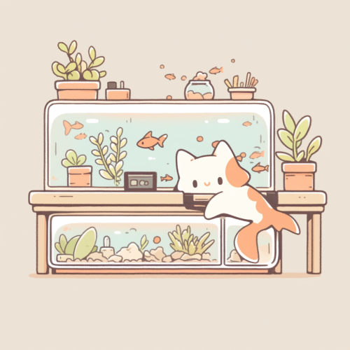 Chibi calico cat watching fish, cozy studio Ghibli style.