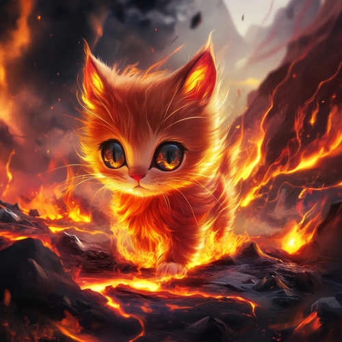 Chibi cat looks like fiery lava in 4K art.