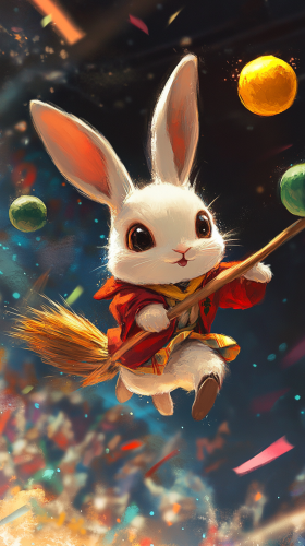 Chibi rabbit plays Quidditch match at Hogwarts stadium. Chibi rabbit plays Quidditch match at Hogwarts stadium.