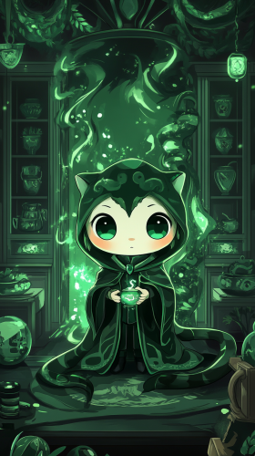 Chibi-style animal in Slytherin robe, lounging confidently.