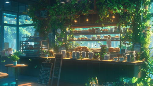 Chic Coffee Shop Interior with Greenery and Pastries