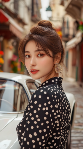 Chic Japanese woman in polka-dot dress by Ferrari