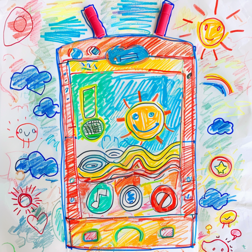 Child's drawing of smartphone with antenna, Japanese pattern.