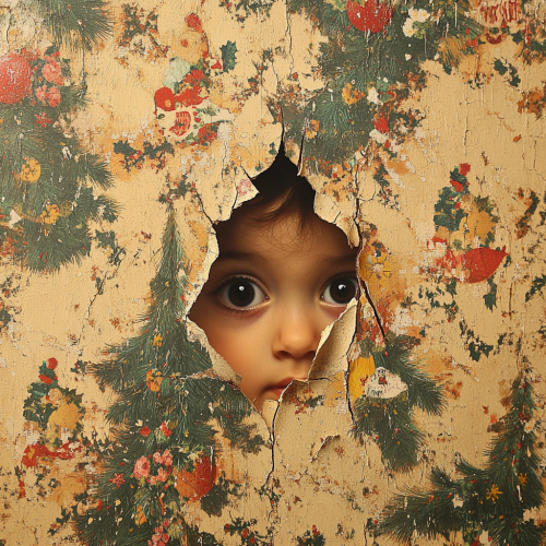 Child's eyes peek through torn Christmas wallpaper