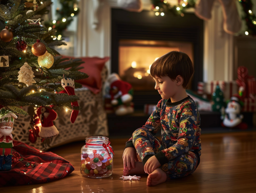 Child Opens Christmas Gift by Cozy Fireplace Child Opens Christmas Gift by Cozy Fireplace