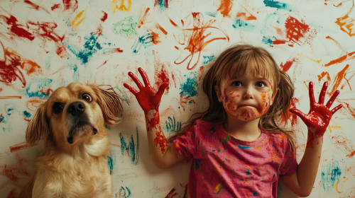 Child and dog making a mess with paint