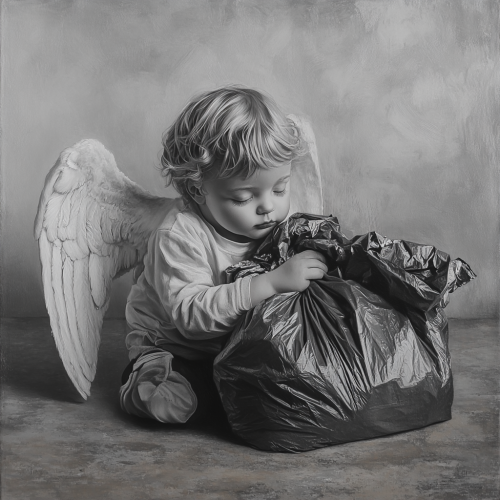 Child angel with garbage bag, eyes closed, high quality.
