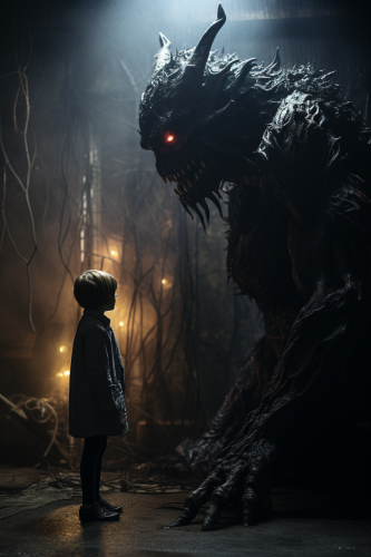 Child facing scary demon in photorealistic, surrealistic image.