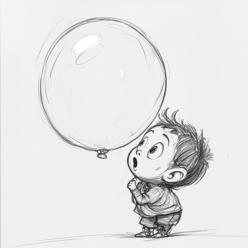 Child floats in giant bubble gum balloon sketch