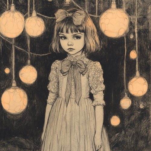 Child in Fairy-Tale Dress Surrounded by Glowing Lights