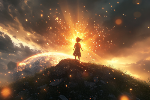 Child on hill shouting, glowing rays brighten Earth below.