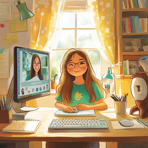 Child with long hair and glasses learning sign language.