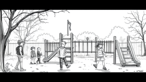 Children Playing at Playground: Cinematic Black and White Sketch.