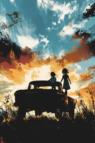 Children Playing in Old Pickup Under Colorful Sky