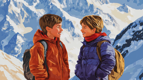 Children chatting happily in front of scenic mountains