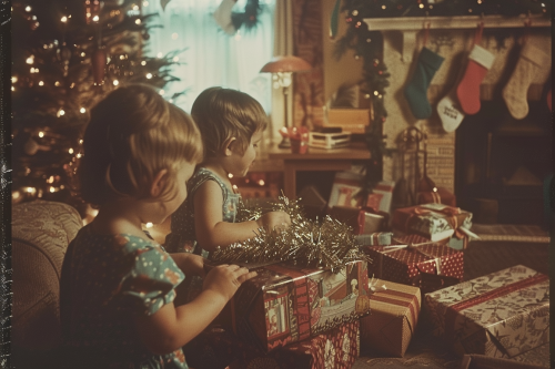 Children happily open Christmas gifts in nostalgic living room