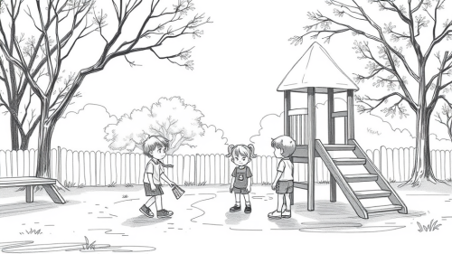 Children having fun at the playground - pencil sketch.