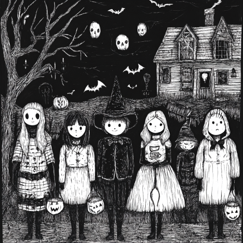 Children in spooky costumes by Edward Gorey