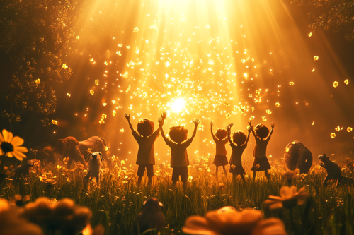 Children lift arms, light beams clear darkness, flowers bloom.