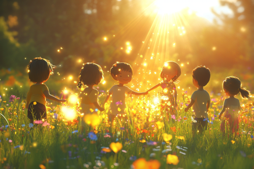 Children of different ethnicities playing outside in golden light.