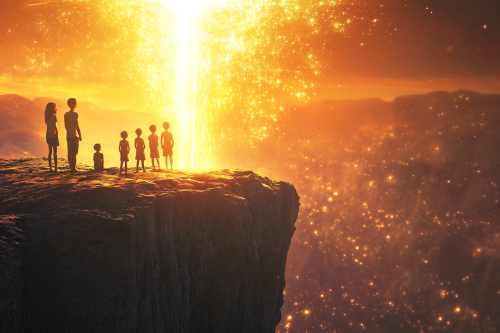 Children on cliff edge, light river flowing into them.