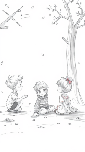 Children playing on ground in storyboard pencil sketch.