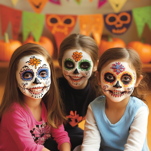 Children with festive face paint at Halloween party
