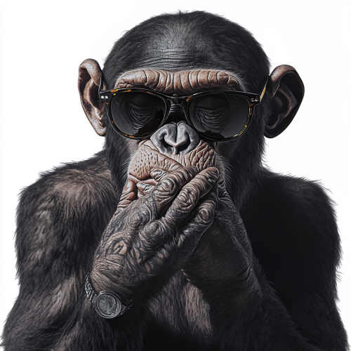Chimpanzee in sunglasses covering mouth, realistic tattoo design, zoomed out