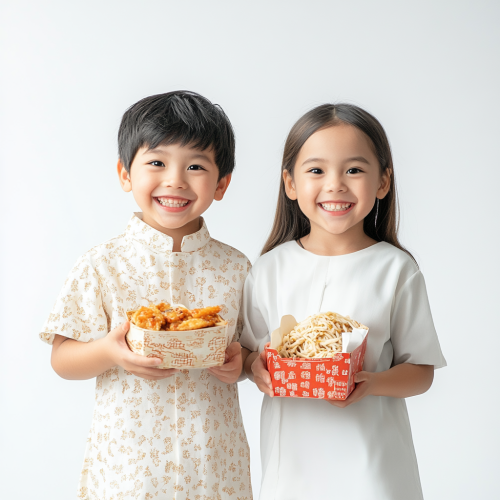Chinese Filipino kids smiling, holding Chinese food, looking stylish.