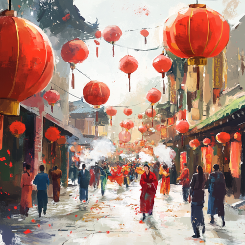 Chinese New Year Celebration with Red Lanterns and Dragon Dance