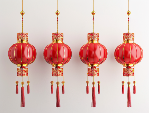 Chinese lanterns hanging symmetrically, intricate gold details, white background.