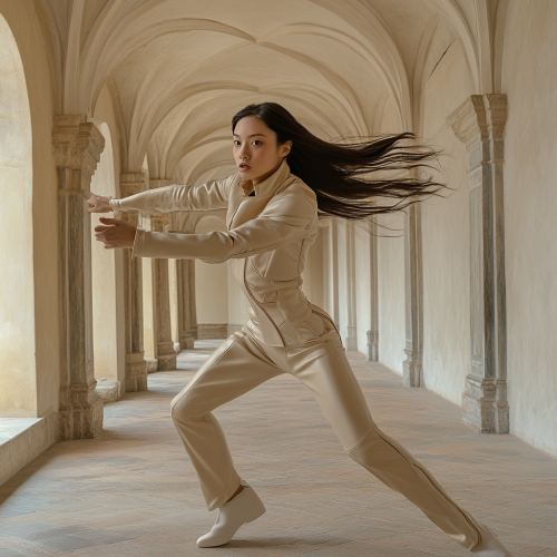 Chinese woman in beige jumpsuit dueling opponent elegantly.