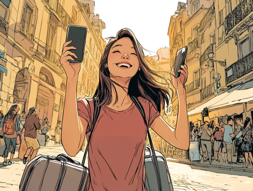 Chinese woman live streaming while traveling Europe with suitcases.